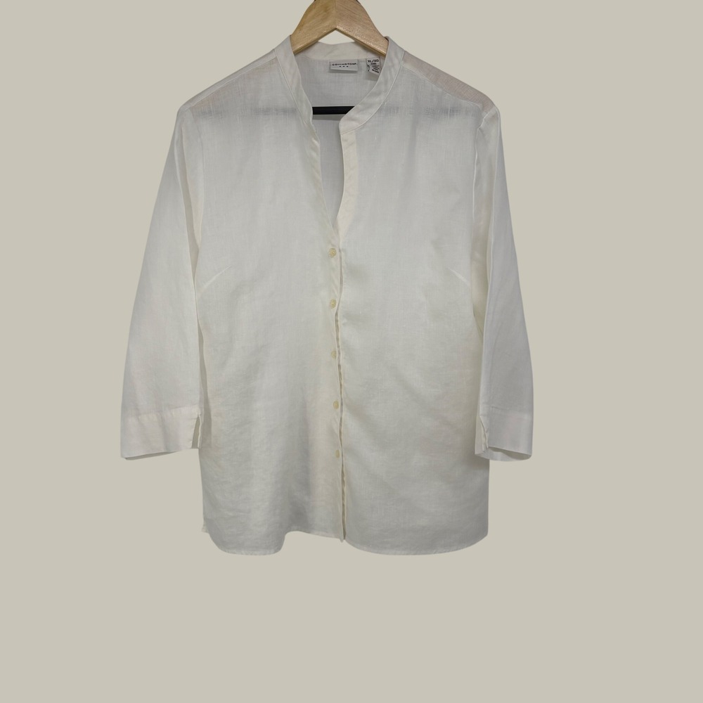 Covington Womens White 100% Linen Button Down Shirt Mandarin Collar XL Coastal